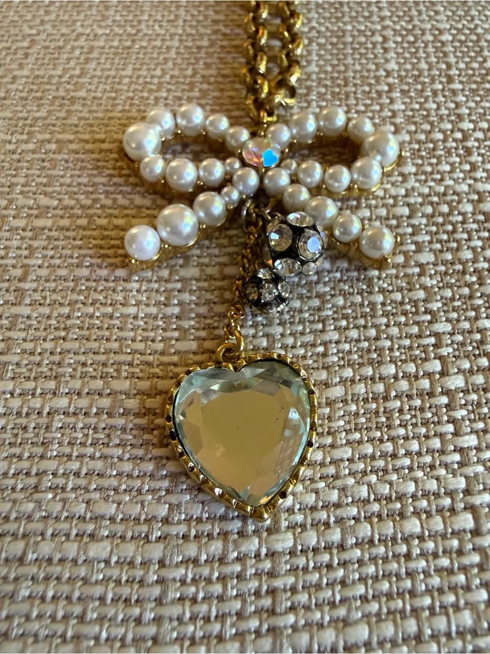 Betsey Johnson Gold-Tone Pearl Bow Necklace with Crystal Heart Pendant - Picture 3 of 8